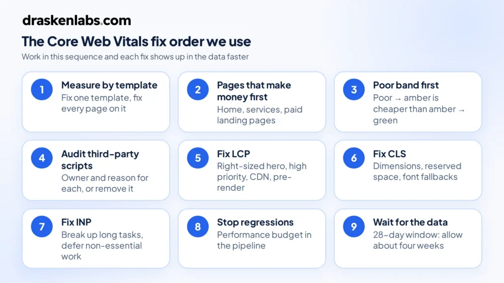 Core Web Vitals fix order in nine steps, from measuring by template to waiting for 28 days of field data