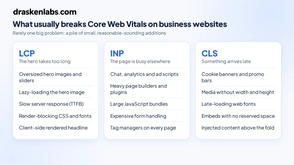 What breaks Core Web Vitals on business websites: causes of poor LCP, INP and CLS