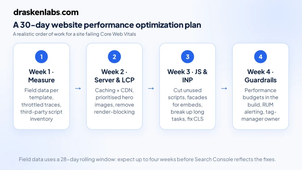 A 30-day website performance optimization plan: measure, fix server and LCP, fix JavaScript and INP, add guardrails